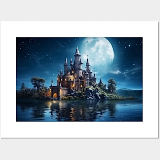 Castle Moon On Lake Serene Landscape Posters and Art